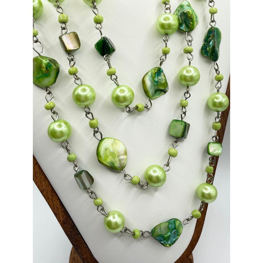 LONG OLIVE GREEN Endless Beaded Layering Strand 32.5” Drop Necklace - Picture 3 of 5